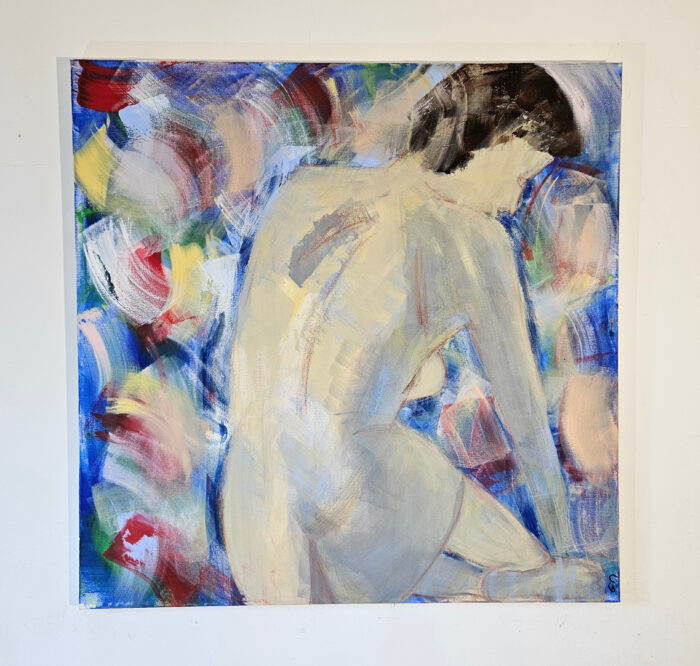 Femme sur fond multicolore peinture acrylique sur toile 100x100cm – Image 2