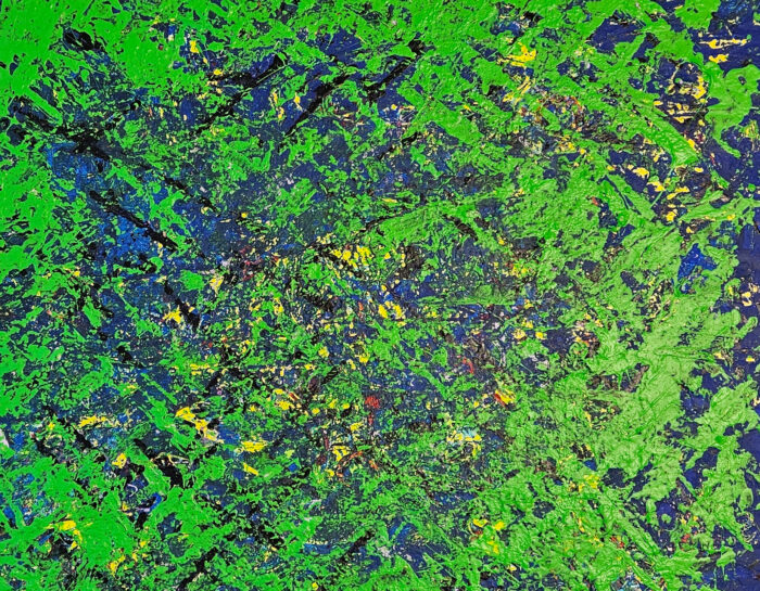 Big Bang vert sur fond bleu, peinture acrylique sur toile 100x100cm – Image 3