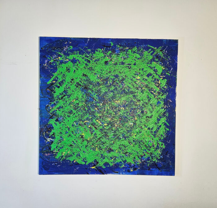 Big Bang vert sur fond bleu, peinture acrylique sur toile 100x100cm – Image 2