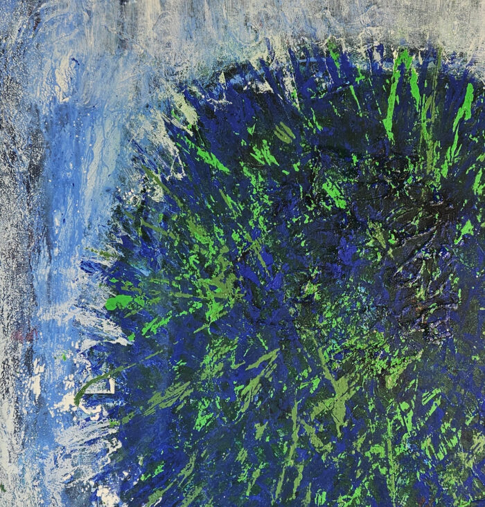 Big Bang vert et bleu sur fond bleu, peinture acrylique sur toile 100x100cm – Image 3