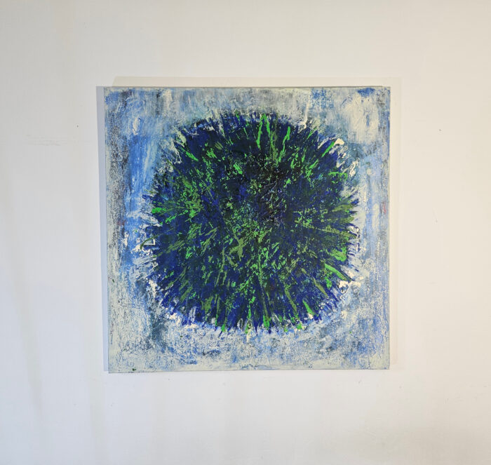 Big Bang vert et bleu sur fond bleu, peinture acrylique sur toile 100x100cm – Image 2
