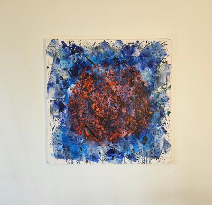Big Bang abstrait rouge sur fond bleu peinture acrylique sur toile 100x100cm – Image 2