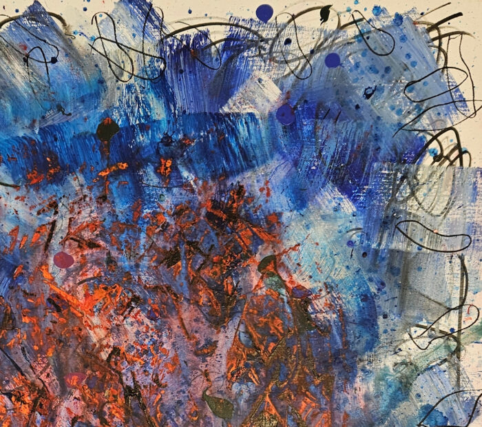 Big Bang abstrait rouge sur fond bleu peinture acrylique sur toile 100x100cm – Image 3