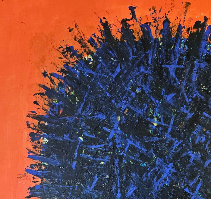 Big Bang bleu foncé sur fond orange peinture acrylique sur toile 100x100cm – Image 3