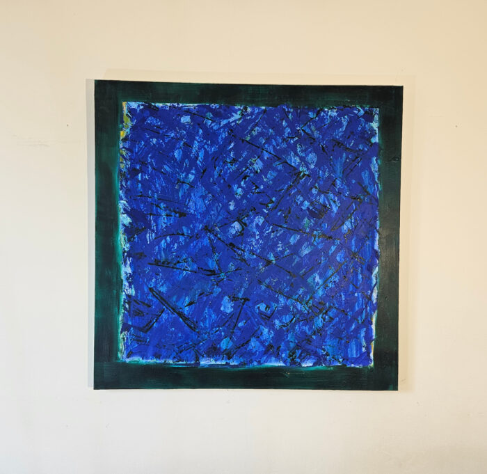 Abstraction en bleu et vert : acrylique sur toile 100x100cm – Image 2
