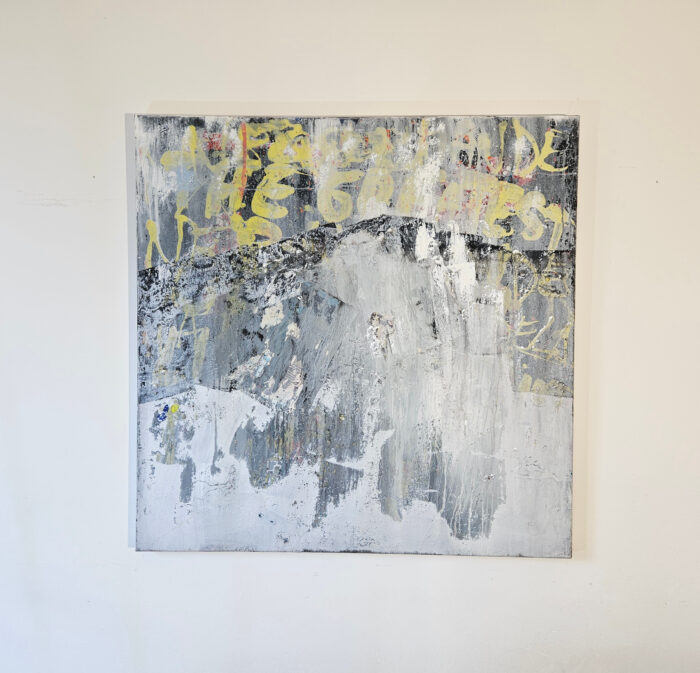 Street art jaune noir et blanc peinture acrylique et collage sur toile100x100cm – Image 2