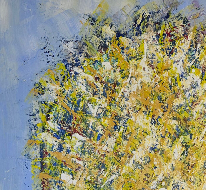 Big Bang jaune et blanc sur fond bleu clair peinture acrylique sur toile 100x100cm – Image 3