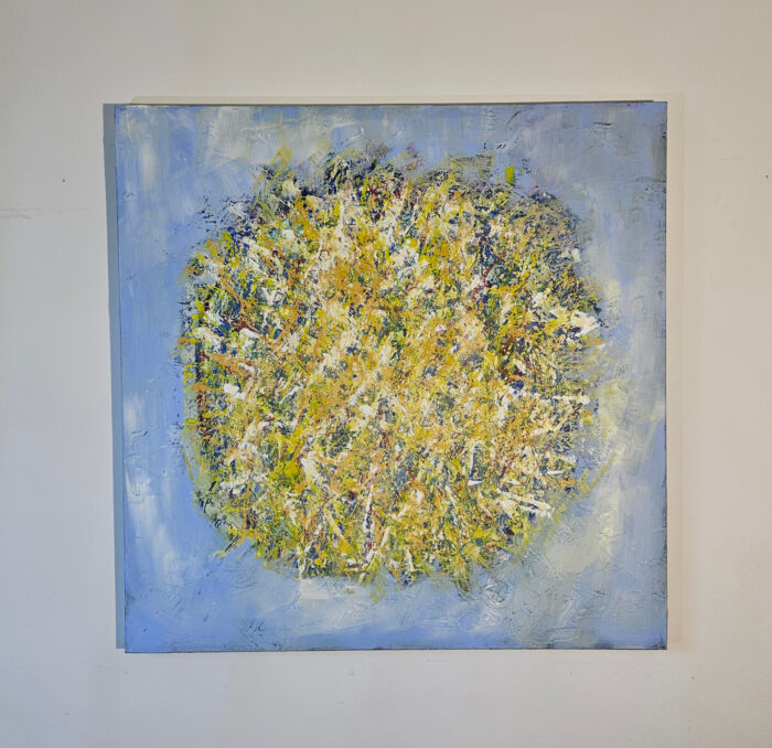 Big Bang jaune et blanc sur fond bleu clair peinture acrylique sur toile 100x100cm – Image 2