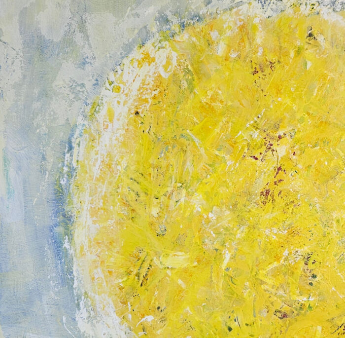 Big Bang abstrait jaune vif sur fond bleu clair peinture acrylique sur toile 100x100cm – Image 3