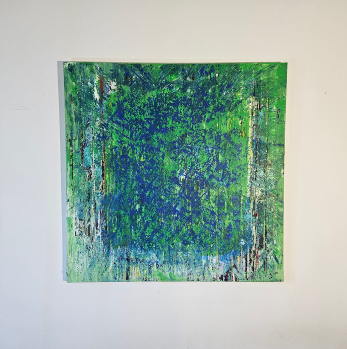 Abstraction en bleu et vert peinture acrylique sur toile 100x100cm – Image 2