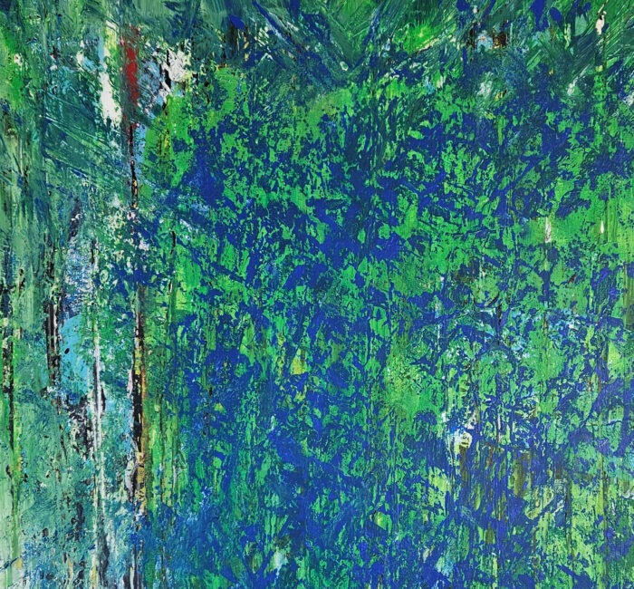 Abstraction en bleu et vert peinture acrylique sur toile 100x100cm – Image 3