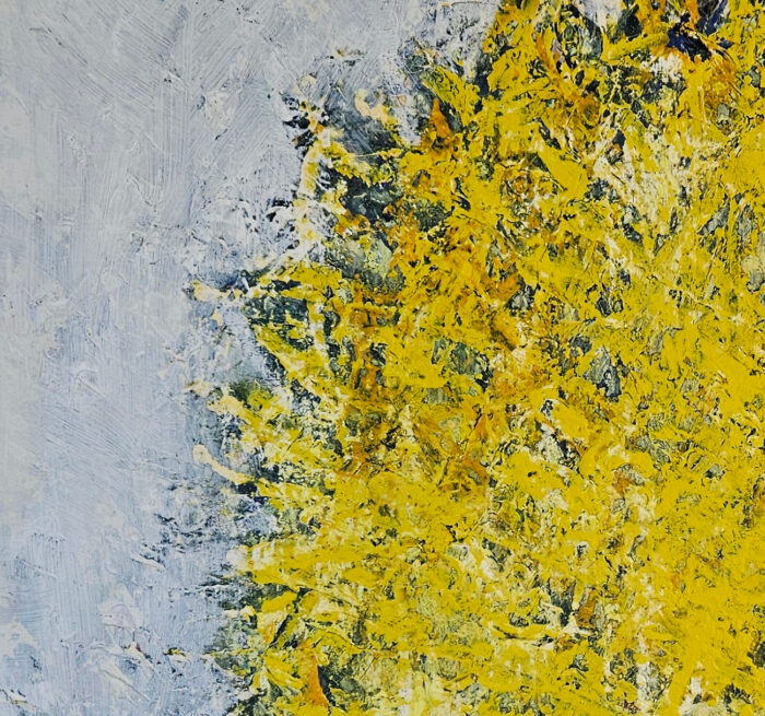Big bang jaune sur fond bleu clair: acrylique sur toile 100x100cm – Image 2