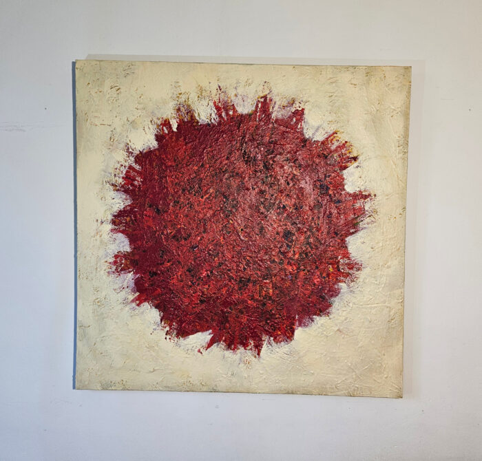Big bang abstrait peinture rouge sur fond ivoire peinture acrylique sur toile 100x100cm – Image 2