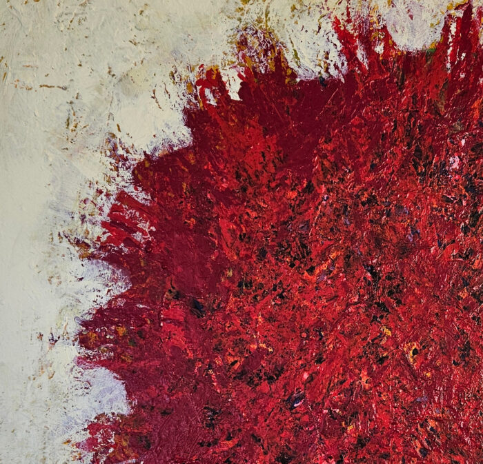 Big bang abstrait peinture rouge sur fond ivoire peinture acrylique sur toile 100x100cm – Image 3