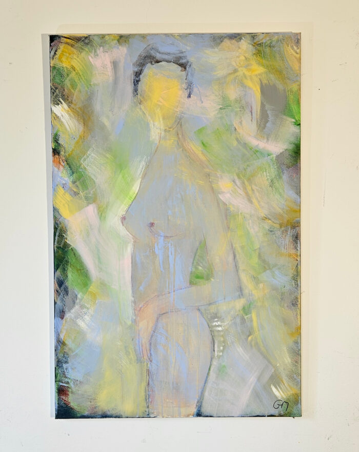 Femme nue en bleu sur fond vert peinture acrylique sur toile 100x65cm – Image 2