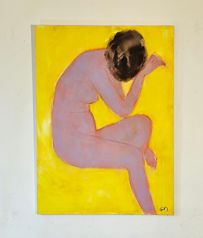 Femme rose nue sur fond jaune peinture acrylique sur toile 100x73cm – Image 2