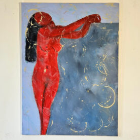 Femme en rouge appuyée peinture acrylique sur toile 100x73cm – Image 2