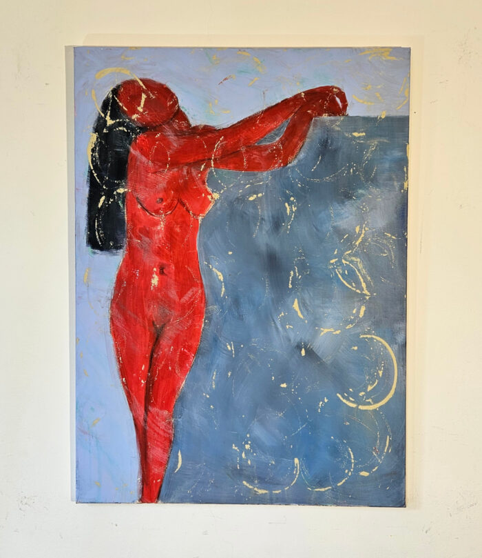 Femme en rouge appuyée peinture acrylique sur toile 100x73cm – Image 2