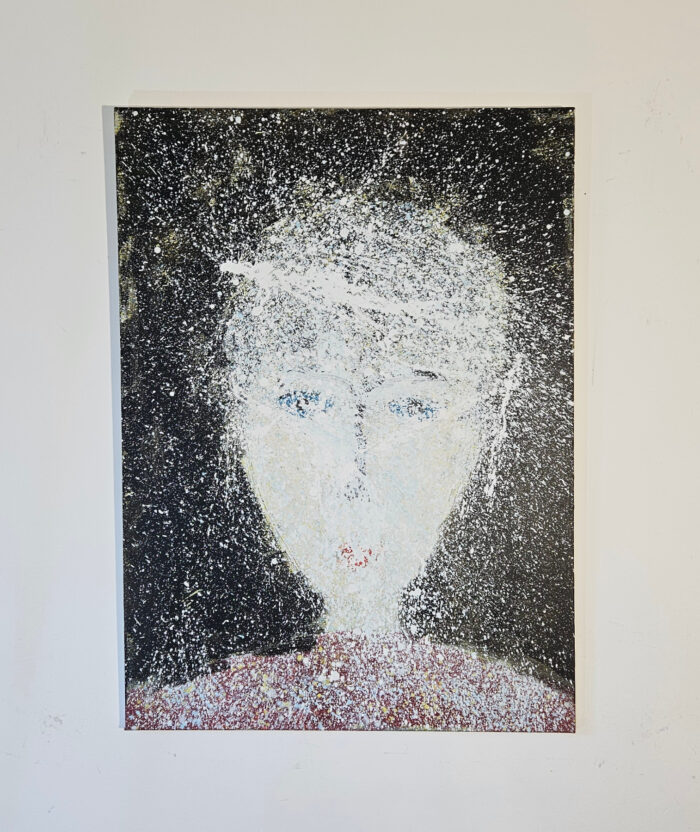 Portrait de femme au pull rouge peinture acrylique sur toile 100x73cm – Image 2