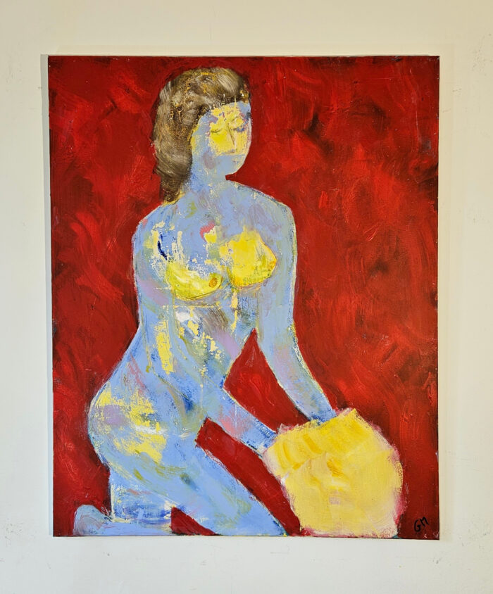 Femme s'habille en jaune peinture acrylique sur toile 100x81cm – Image 2