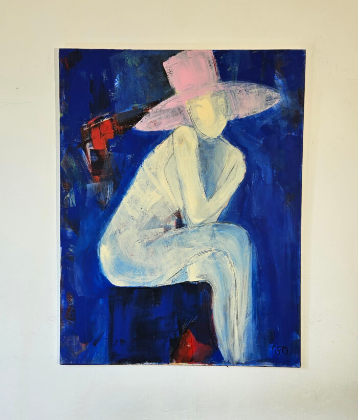Femme au chapeau rose peinture acrylique sur toile 100x81cm – Image 2