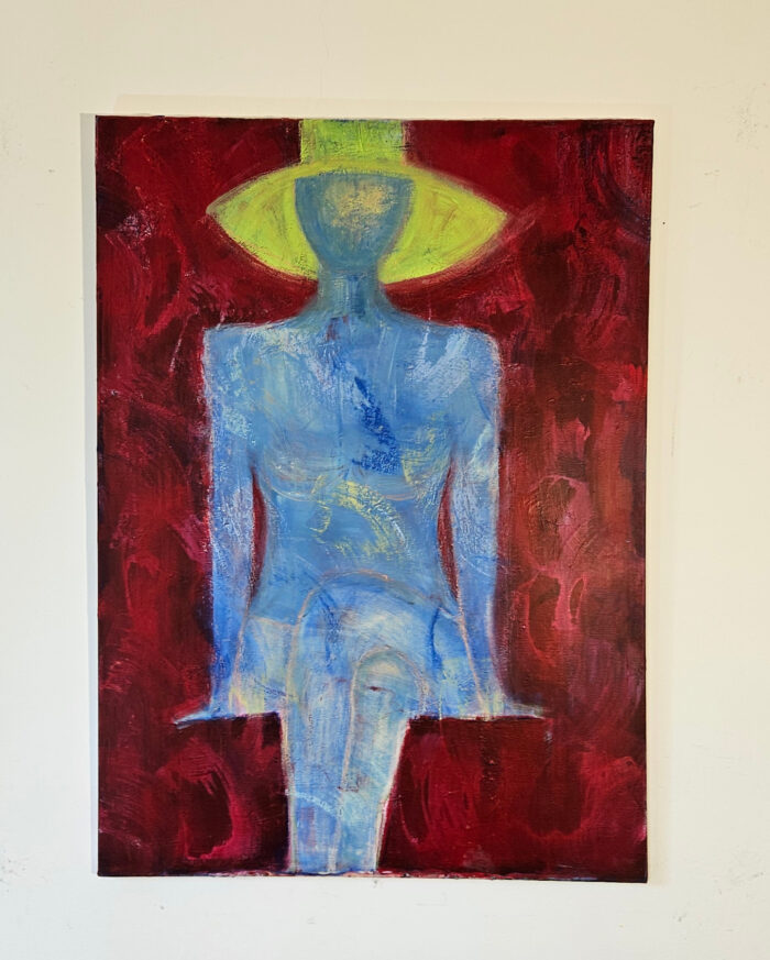 Femme au chapeau jaune peinture de nu acrylique sur toile 100x73cm – Image 2