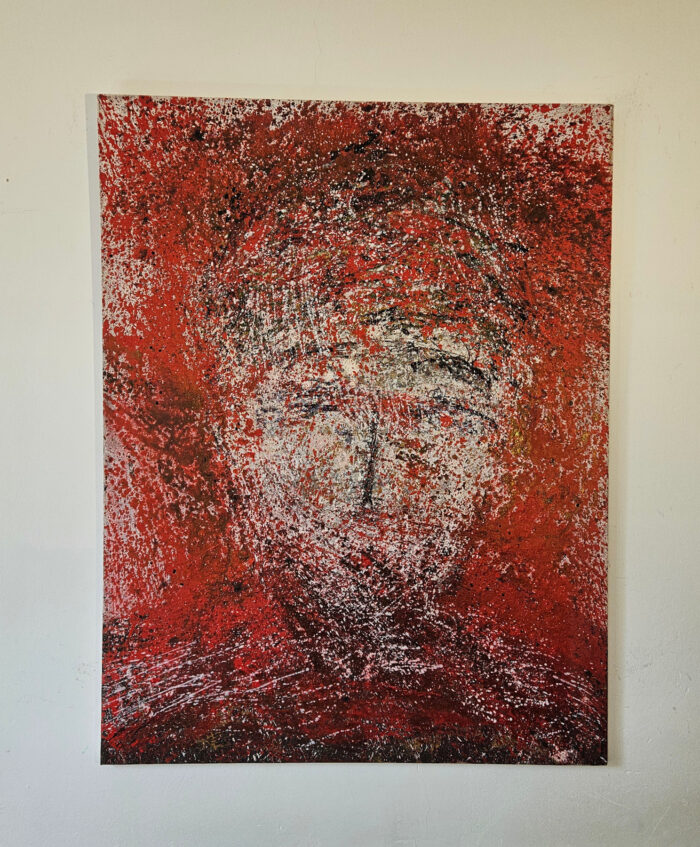 Portrait d'homme sur fond rouge, peinture acrylique sur toile 116x89cm – Image 2