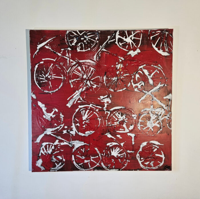 Vélos, bicyclettes blanches sur fond rouge peinture acrylique moderne sur toile 100x100cm – Image 2