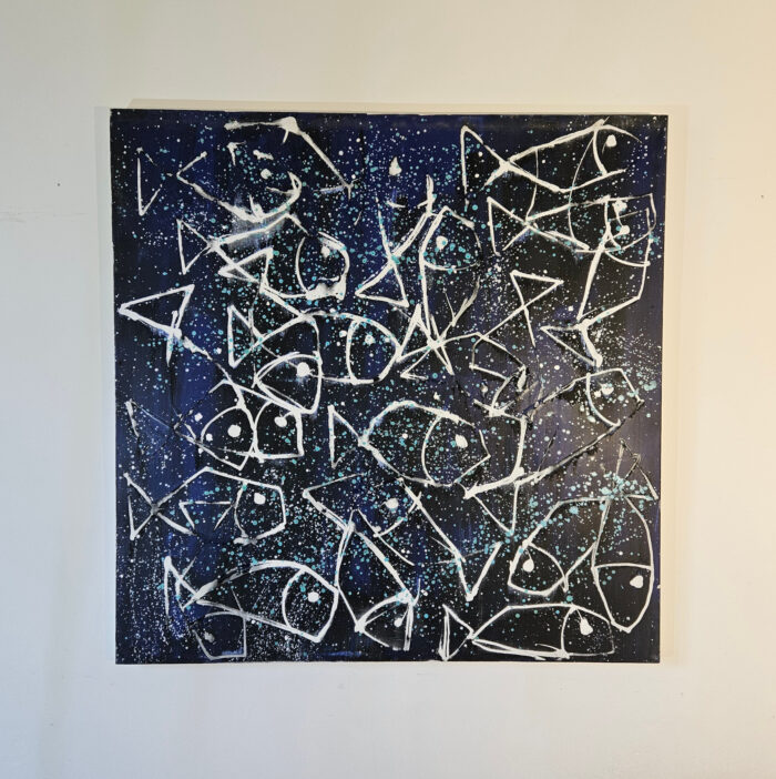 Les poissons blancs sur fond bleu 2 peinture acrylique sur toile 100x100cm – Image 2
