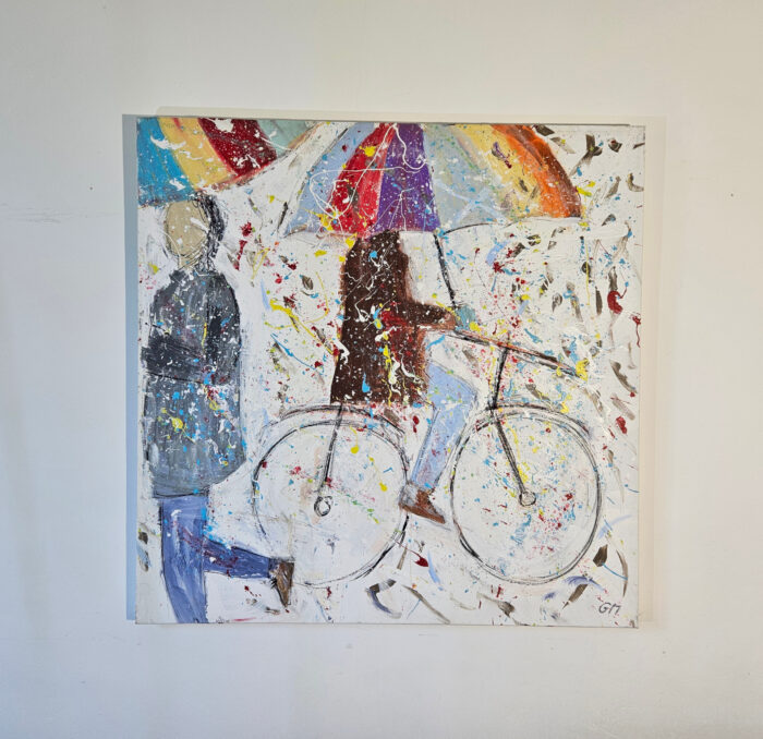 Vélo avec parapluie peinture acrylique sur toile 100x100cm – Image 2