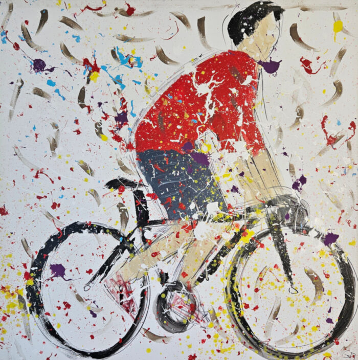 Bicyclette, cycliste au maillot rouge peinture acrylique moderne sur toile 100x100cm