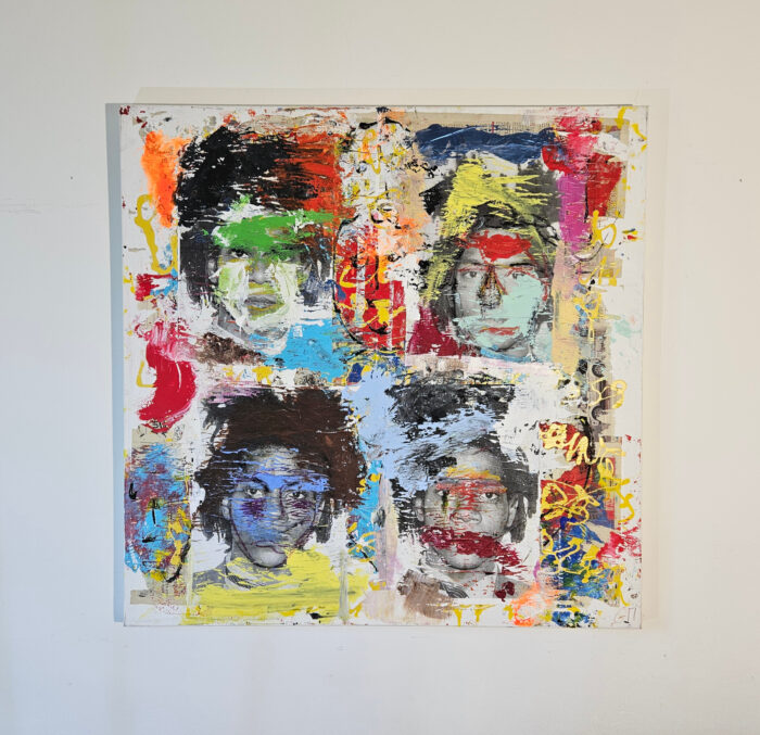 Pop Art hommage à Basquiat peinture acrylique et collage sur toile 100x100cm – Image 2