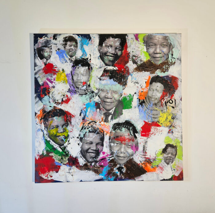 Pop Art hommage à Mandela peinture acrylique et collage sur toile 100x100cm – Image 2