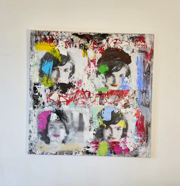 Pop Art hommage à Jackie peinture acrylique et collage sur toile 100x100cm – Image 2