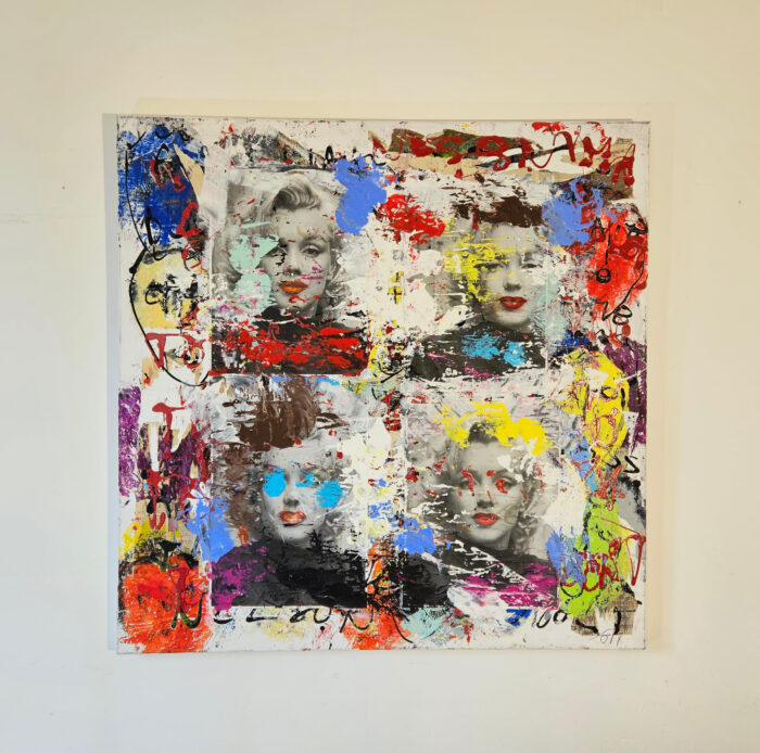 Pop Art hommage à Marilyn peinture acrylique et collage sur toile 100x100cm – Image 2
