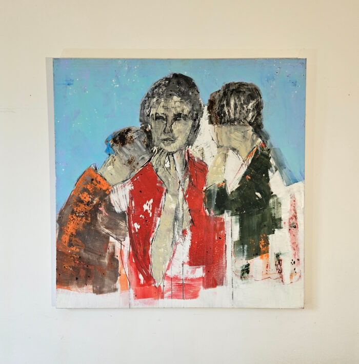 Portrait de la femme aux deux enfants peinture acrylique sur toile 100x100cm – Image 2