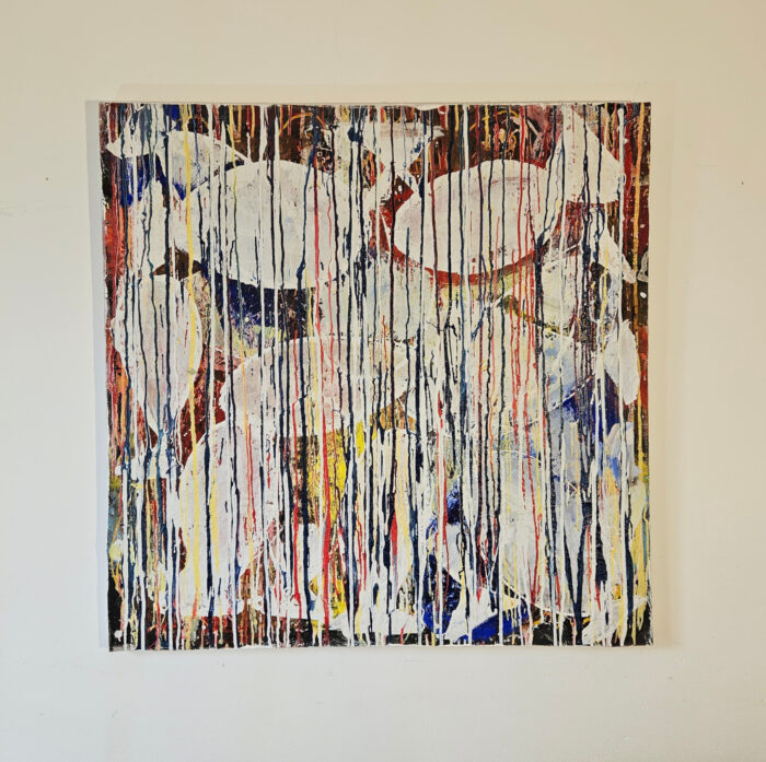 Poisson abstrait blanc strié multicolore peinture acrylique sur toile 100x100cm – Image 2