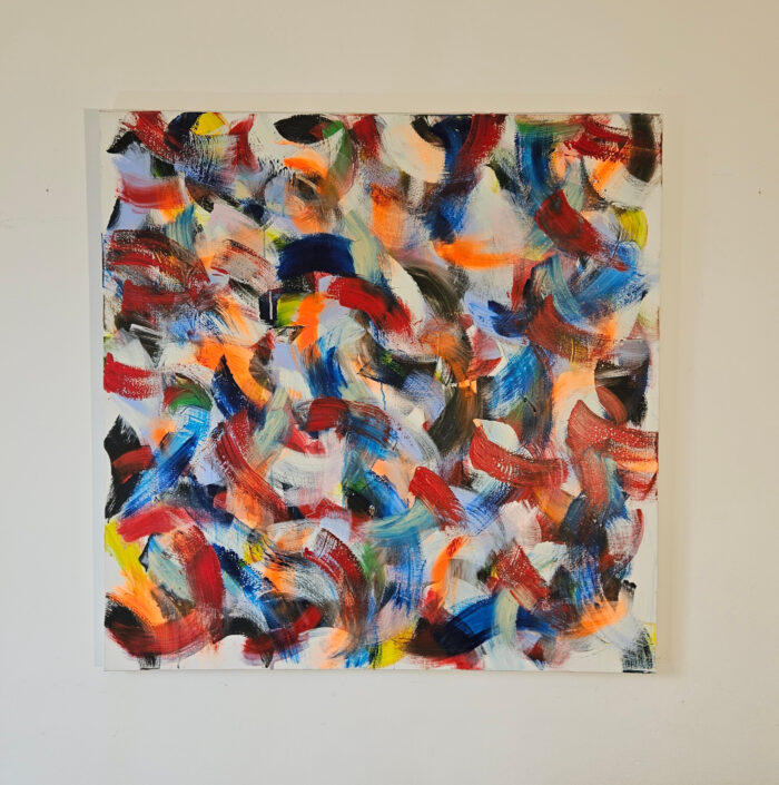 Grosse friture rouge orange bleu peinture acrylique sur toile 100x100cm – Image 2