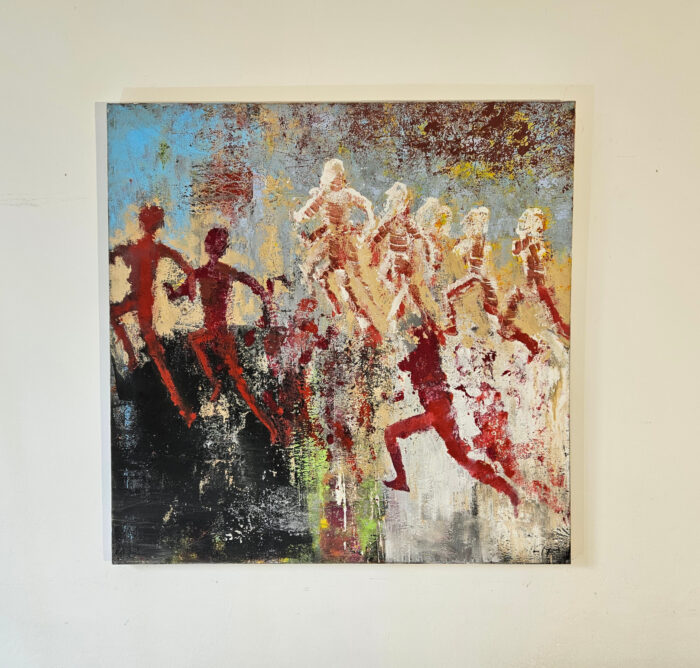 Enfants qui courent en rouge peinture acrylique sur toile 100x100cm – Image 2