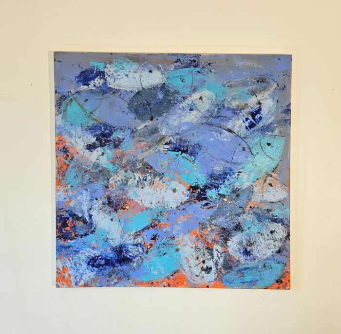 Les poissons bleus sur fond orange peinture acrylique sur toile 100x100cm – Image 2