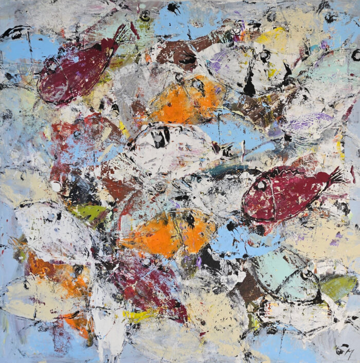 Poissons orange et rouge peinture acrylique sur toile 100x100cm
