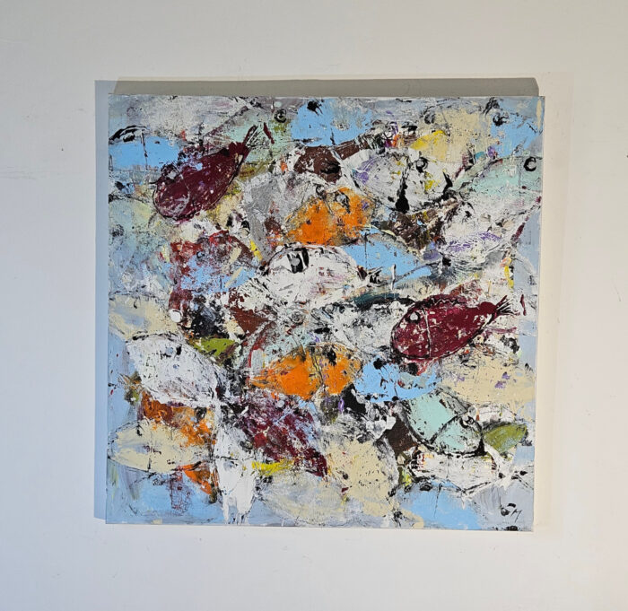 Poissons orange et rouge peinture acrylique sur toile 100x100cm – Image 2