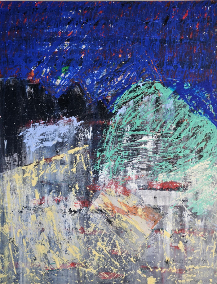 Paysage à la tombée du jour peinture moderne acrylique et collage sur toile 116x89cm