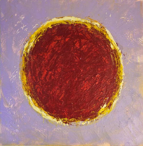 Big Bang abstrait rouge et jaune sur fond violet peinture acrylique sur toile 100x100cm