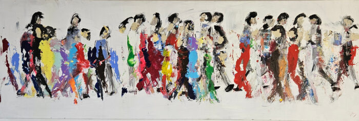 Hommes qui marchent, foule sur fond blanc 3 peinture acrylique sur toile 50x150cm – Image 2