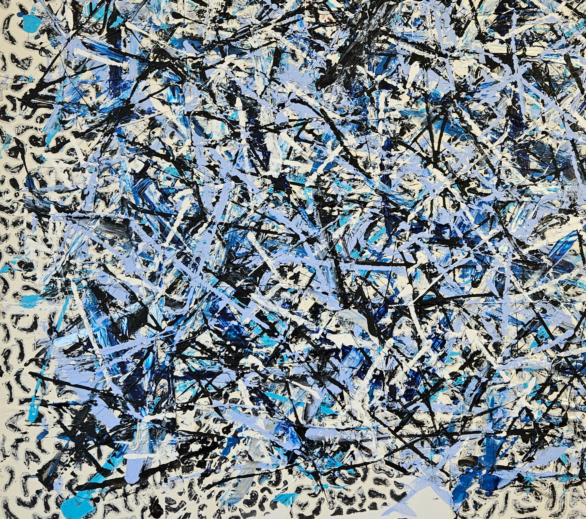 Abstraction en bleu et noir, collage et acrylique sur toile 100x100cm – Image 4