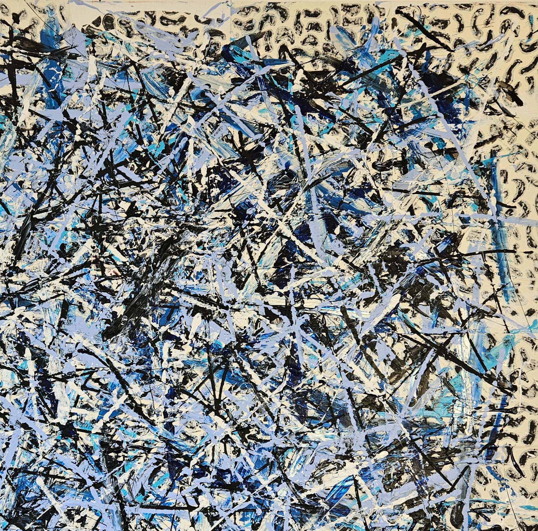 Abstraction en bleu et noir, collage et acrylique sur toile 100x100cm – Image 5