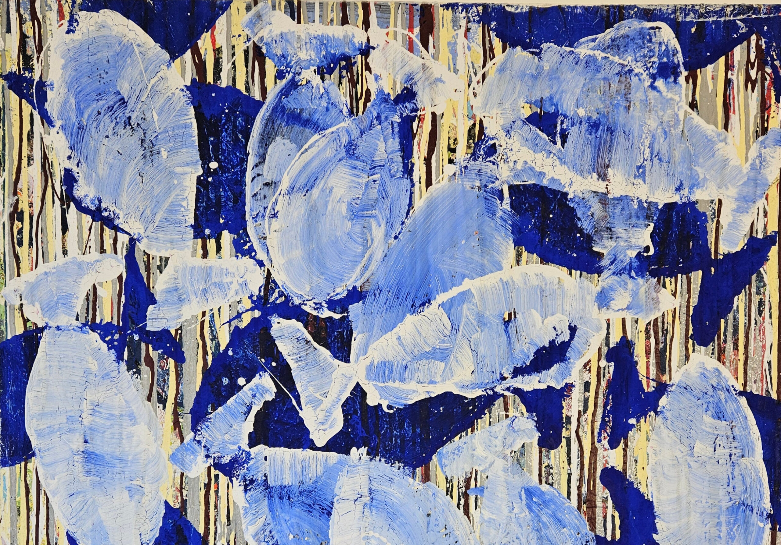 Poisson blancs et bleus sur fond strié peinture acrylique sur toile 100x100cm – Image 3