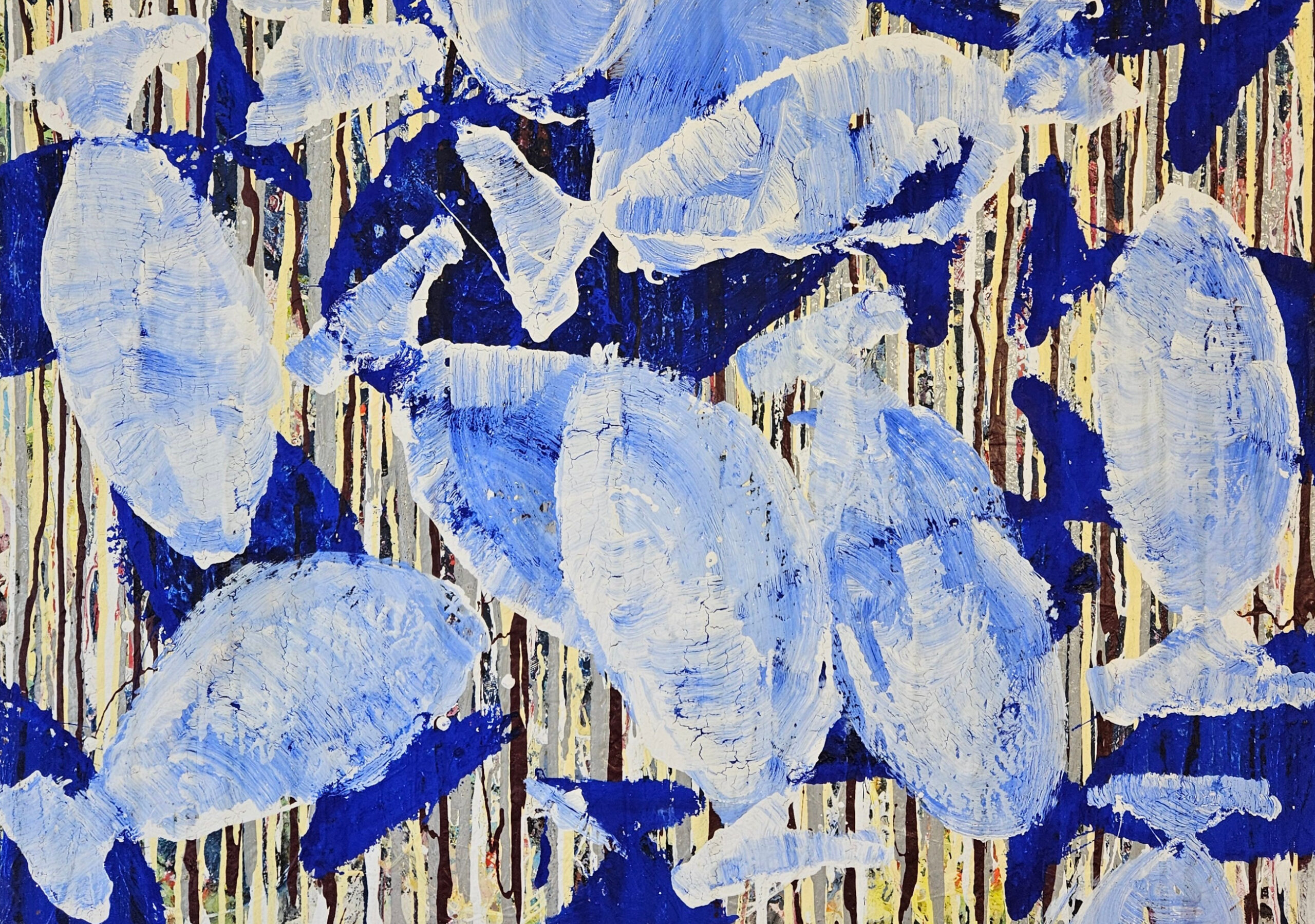 Poisson blancs et bleus sur fond strié peinture acrylique sur toile 100x100cm – Image 4