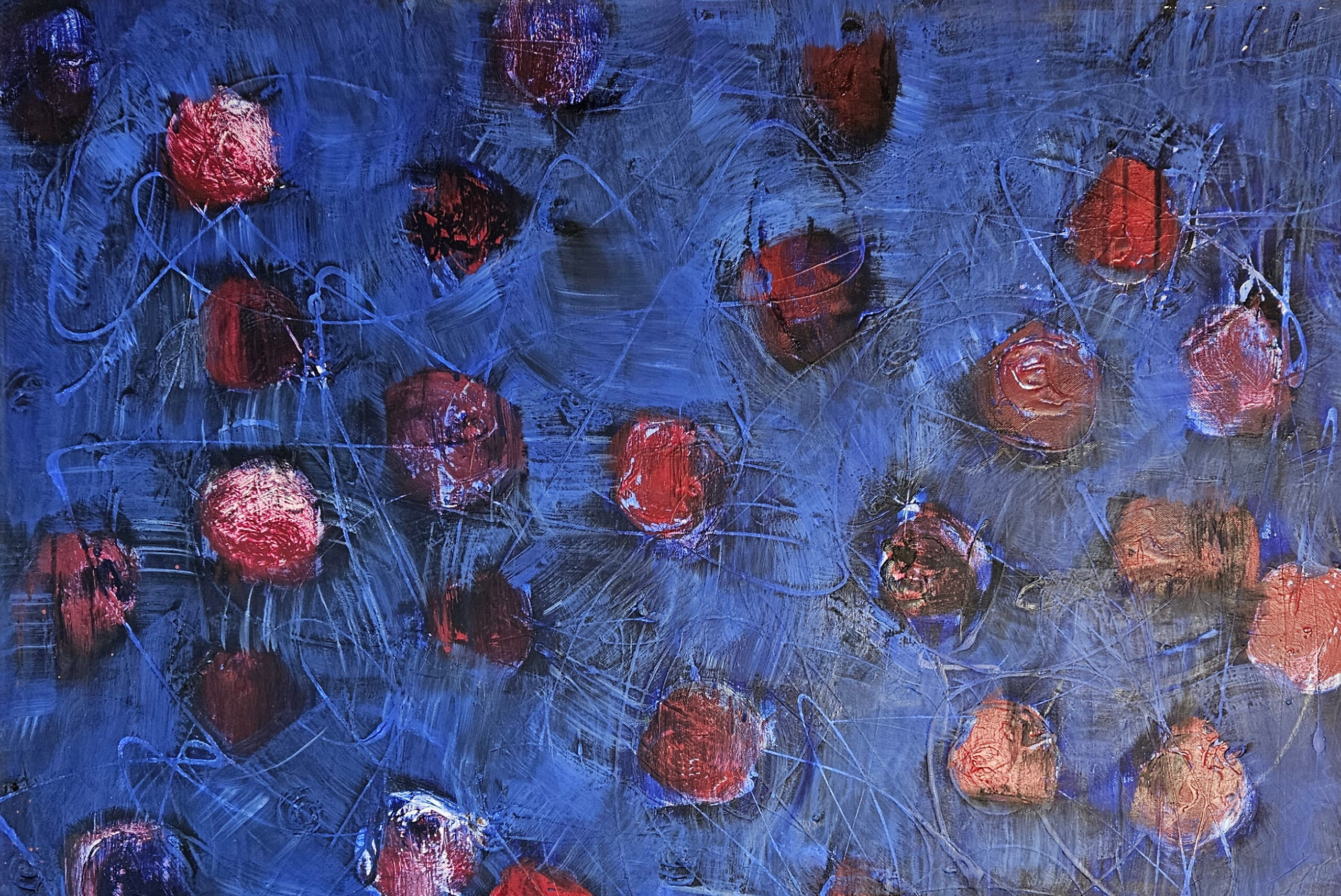 Petites roses rouges sur fond bleu acrylique sur toile 100x100cm – Image 4